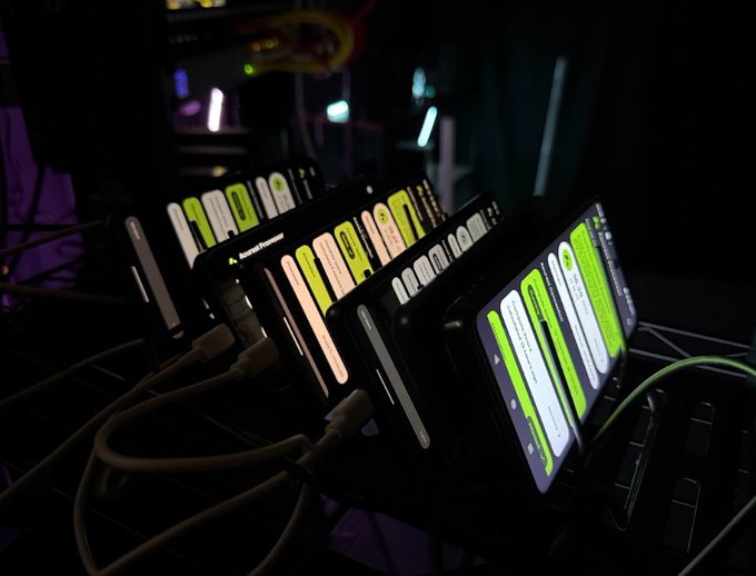 Several smartphones lined up and connected to charging cables in a dark room, all displaying what appears to be a green-themed messaging app interface.
