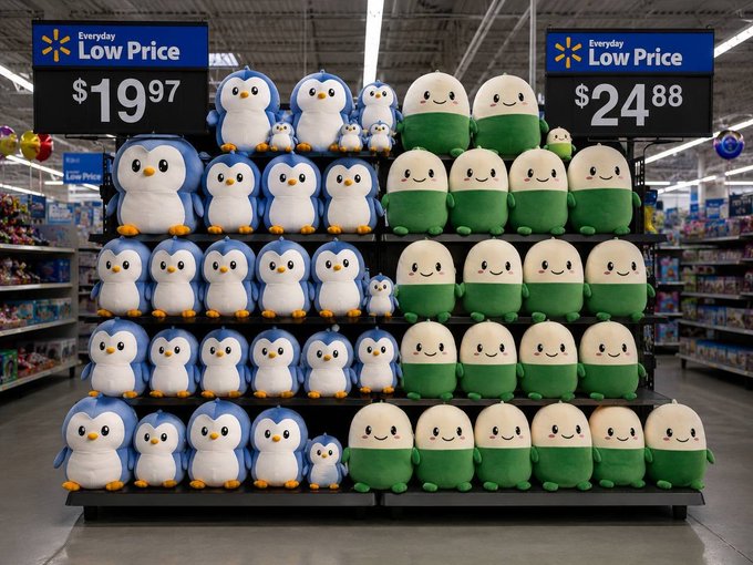 A Walmart display features rows of adorable Cupsey plushies priced at $19.97 and $24.88 under "Everyday Low Price" signs, showing what the meme coin would look like if it went mainstream alongside Pudgy Penguins. The image humorously illustrates the "normie takeover" potential of Cupsey merchandise in big-box retail stores.