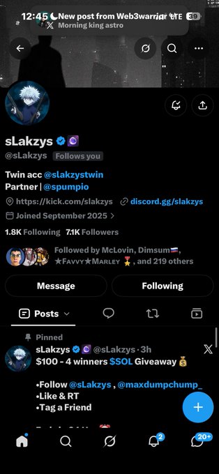 A screenshot of a Twitter/X profile for user 'sLakzys' (@slakzys) with a pinned tweet announcing a '$100 - 4 winners $SOL Giveaway,' showing 7.1K followers and following McLovin and Dimsum.