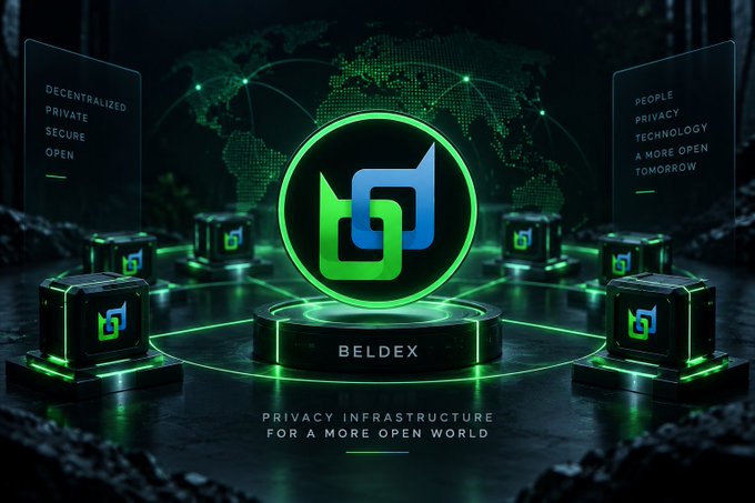 A promotional graphic for 'BELDEX' with the tagline 'PRIVACY INFRASTRUCTURE FOR A MORE OPEN WORLD', featuring a green and blue logo surrounded by connected cubes, with text panels reading 'DECENTRALIZED, PRIVATE, SECURE, OPEN' and 'PEOPLE, PRIVACY, TECHNOLOGY, A MORE OPEN TOMORROW'.