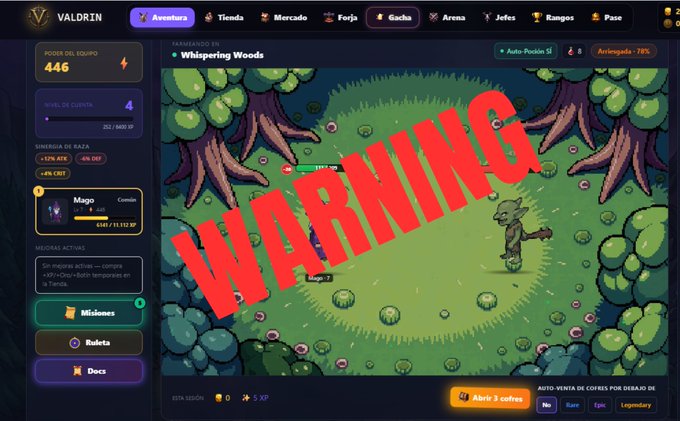 A "WARNING" stamp overlays a Spanish-language crypto game interface called Valdrin, showing a player character named "Mago 3" in "Whispering Woods" with stats like team power (446) and chain level (4), alongside the warning that 37% of $DRINS token supply sits unlocked in the developer wallet as a scam red flag.