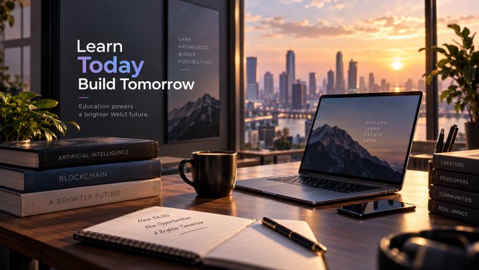 A 'Learn Today Build Tomorrow' educational promotional image featuring a desk with a laptop, books labeled 'ARTIFICIAL INTELLIGENCE', 'BLOCKCHAIN', and 'A BRIGHTER FUTURE', set against a city skyline at sunset with the message 'Education powers a brighter Web3 future.'