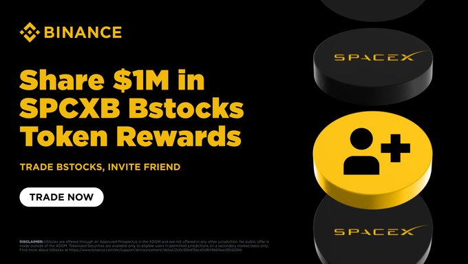 The image features a banner advertisement for Binance, which is an e-commerce platform allowing users to trade Bitcoin and other digital assets. The main focus of the advertisement is a yellow coin with an image of a person's face on it, symbolizing cryptocurrency transactions. Below this coin design, there is text promoting the concept of sharing $1 in SPCXB BStocks tokens, inviting users to share their tokens with others for increased reward opportunities.