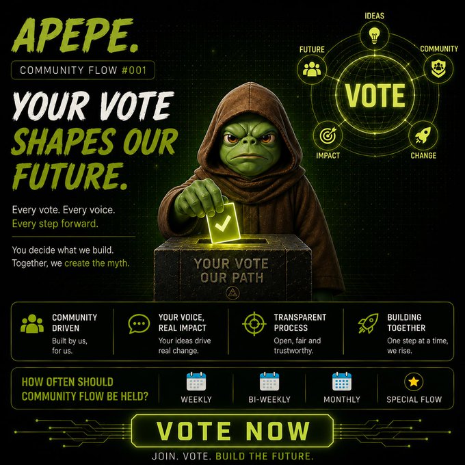 The image features a poster with a green alien character holding a vote box, which has a yellow light inside of it. The poster also includes text that reads "Vote now" and "Community Flow #01", suggesting that this is an advertisement for a community-driven voting system called Community Flow. The poster encourages people to participate in the voting process by joining the Community Flow initiative.
