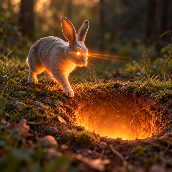 A fantasy illustration of a rabbit with glowing orange eyes standing near a fiery pit in a forest, with beams of light emanating from its eyes.
