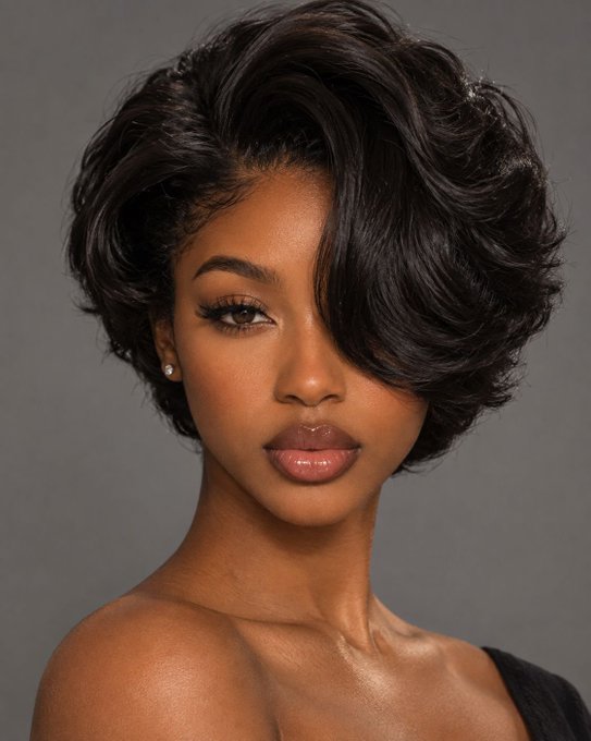 A portrait of a woman with a short, voluminous black curly hairstyle, flawless makeup, and a neutral gray background.