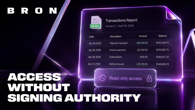 A promotional graphic for BRON with the tagline 'ACCESS WITHOUT SIGNING AUTHORITY', showing a Transactions Report for January 1 – April 30, 2026 with entries like 'Payment received +$8,750.00' and 'Refund issued +$1,120.00', alongside a 'Read-only access' lock button.