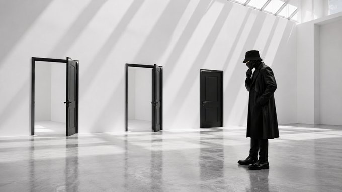 A silhouetted figure in a coat and hat stands contemplating three doors—two open and one closed—in a minimalist, sunlit room, visually echoing the choice between opportunities and the consequences of misjudging the market, as referenced in the accompanying caption about timing and being wrong in trading decisions.