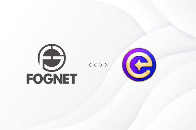 A comparison graphic showing two logos: a gray circular 'FOGNET' logo on the left and a colorful purple, blue, and gold 'C' logo on the right, separated by chevron arrows.