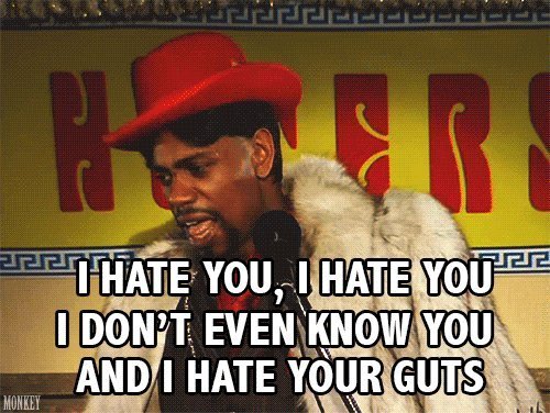 A meme screenshot of a man in a red hat and fur coat with caption "I HATE YOU, I HATE YOU / I DON'T EVEN KNOW YOU / AND I HATE YOUR GUTS" with a "MONKEY" watermark.