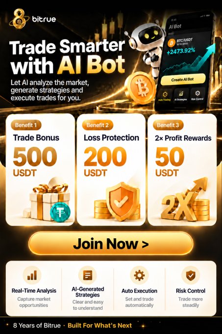 A Bitrue promotional advertisement for their AI Bot trading feature, highlighting benefits including a 500 USDT trade bonus, 200 USDT loss protection, and 50 USDT profit rewards (totaling 750 USDT), with key features like Real-Time Analysis, AI-Generated Strategies, Auto Execution, and Risk Control, alongside a Bitcoin ticker showing BTC/USDT at +2473.92%. The ad visually supports the post's message about using BitrueAI to capitalize on crypto opportunities across BTC, XRP, ZEC and other tokens with automated trading strategies.