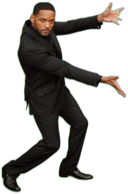A cutout image of actor Will Smith in a black suit striking a dynamic pose with arms extended.