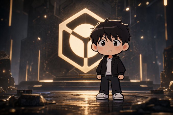 An anime-style chibi character in a black jacket and sneakers standing nervously in a dark, dramatic chamber illuminated by a glowing geometric cube emblem.