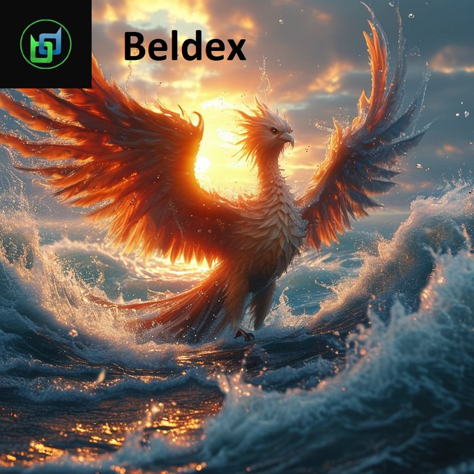 A digital artwork of a fiery phoenix with orange and blue wings emerging from ocean waves at sunset, with 'Beldex' text and logo in the corner.