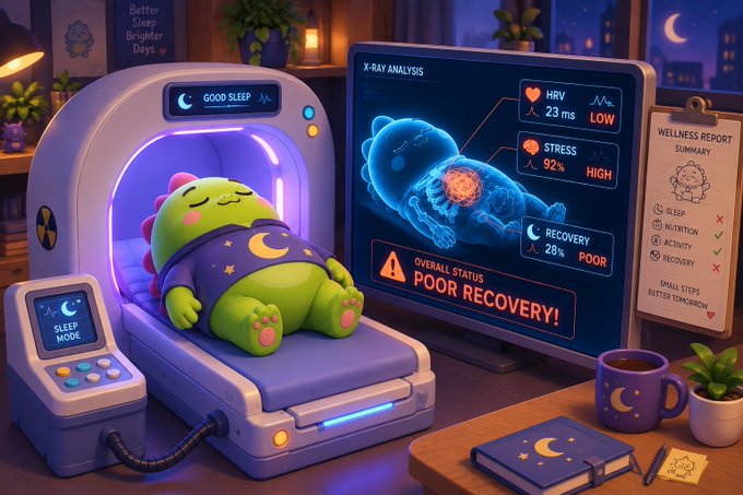 A digital illustration shows a green dinosaur plushie in pajamas lying in a futuristic 'GOOD SLEEP' scanning bed, with a monitor displaying an 'X-RAY ANALYSIS' showing HRV 23ms (LOW), STRESS 92% (HIGH), and RECOVERY 28% (POOR) labeled 'POOR RECOVERY!', alongside a 'WELLNESS REPORT SUMMARY' and a coffee mug.