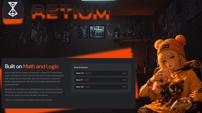 The image features an orange banner with white text that reads "Retium" at the top. Below this, there's a list of bullet points explaining the concept behind the Retium network. The main point being discussed is how the Retium chain identifies blocks using prime factors instead of simple sequential records. This approach adds a mathematical aspect to block identification and potentially improves the efficiency of the network.
