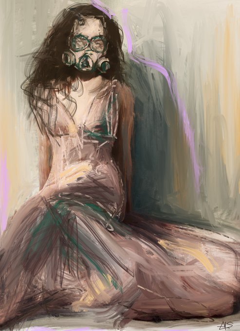 An expressive digital painting of a seated woman wearing a gas mask and a flowing dress in muted purple and green tones.