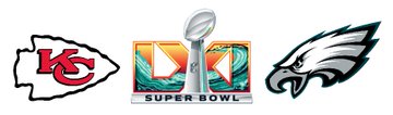A graphic displaying the logos of the Kansas City Chiefs, the Super Bowl trophy with a tropical background, and the Philadelphia Eagles, representing the Super Bowl matchup.