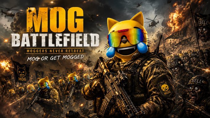 A promotional image titled 'MOG BATTLEFIELD' with the slogans 'MOGGERS NEVER RETREAT' and 'MOG OR GET MOGGED', depicting an army of cat-headed soldiers in camouflage with glowing rainbow visors holding rifles amidst a fiery battlefield.