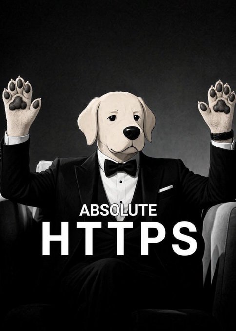 A humorous graphic featuring a dog dressed in a tuxedo with its paws raised, accompanied by the bold text 'ABSOLUTE HTTPS' against a dark background.