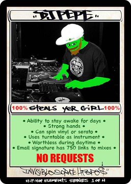 A flyer titled "RIPPLE" advertises a DJ with skills like spinning vinyl/serato and being awake for days, marked with "100% STEALS YER GIRL 100%" and "NO REQUESTS", signed by "SUPERSONIC LUTHER" for "HIP-HOP ELEMENTS: SERIES 1 OF 4".