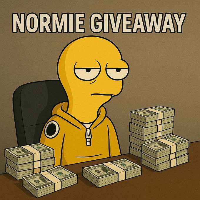 The image features a cartoon character wearing a yellow hoodie sitting at a desk with stacks of money behind him. The text "NORMIE GIVEAWAY" is written above the character, indicating that there's an ongoing normie giveaway event. The character appears to be in a relaxed position and has a slightly raised eyebrow, giving off a humorous or cheeky vibe.
