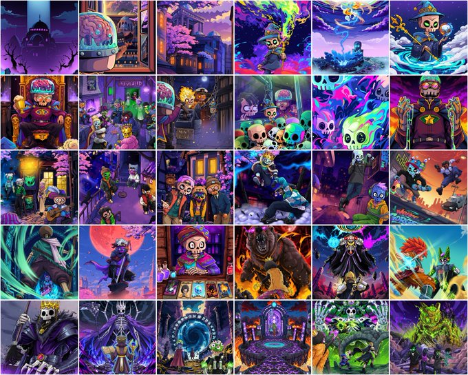 A vibrant pixel art collage featuring numerous colorful scenes with various characters including ghosts, demons, warriors, and a baker, all set against predominantly dark purple and neon backgrounds.