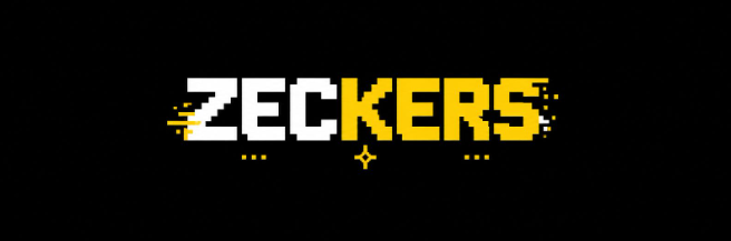 A pixelated logo on a black background featuring the text 'ZECKERS' in white and yellow with a small sparkle icon below.
