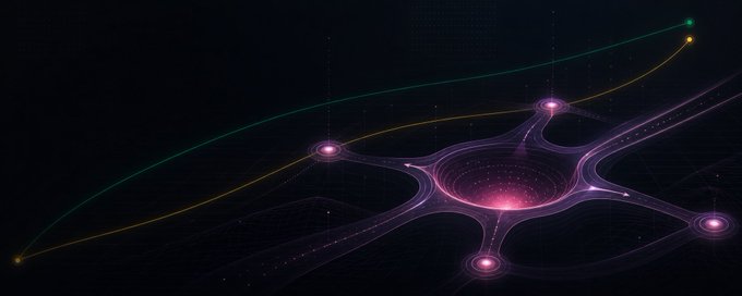An abstract digital artwork featuring glowing nodes connected by curved lines in pink, green, and yellow against a dark background.
