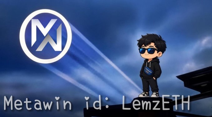 A digital avatar of a boy in a black hoodie and sunglasses standing against a cloudy blue sky, next to a circular "M" logo and the text "Metawin id: LemzETH".
