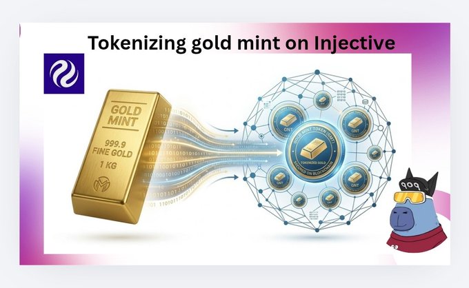 The image, titled "Tokenizing gold mint on Injective," depicts a 999.9 fine gold bar (1 KG) being digitally converted into binary code that flows into a blockchain network of interconnected token nodes, illustrating the concept discussed in the post about Injective's new Mint platform enabling programmatic, onchain tokenization of traditional assets like gold.