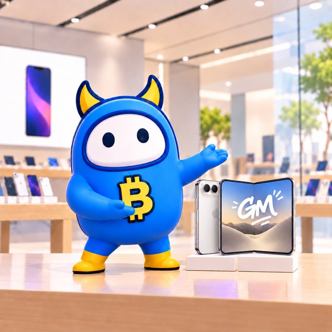 A 3D-rendered blue character with horns and a Bitcoin symbol on its chest stands in an Apple Store, presenting an iPhone and a foldable device displaying 'GM'.