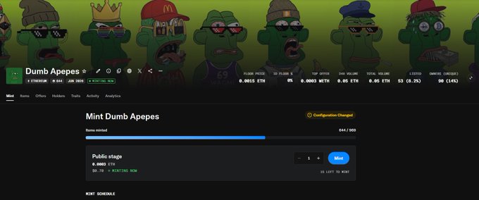 A screenshot of an NFT minting webpage for 'Dumb Apeepez' shows '641 / 800' items minted in a 'Public stage' at 0.0025 ETH each.