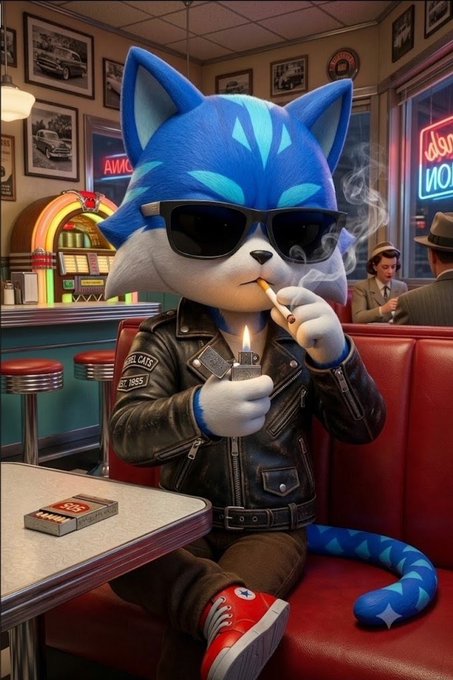 A blue anthropomorphic fox character wearing black sunglasses and a black leather jacket lights a cigarette in a retro American diner, with a 'W' logo on the background jukebox.