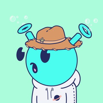 A digital illustration of a teal, round character wearing a white hoodie and a brown hat with a small flower, featuring one black eye and an open mouth.
