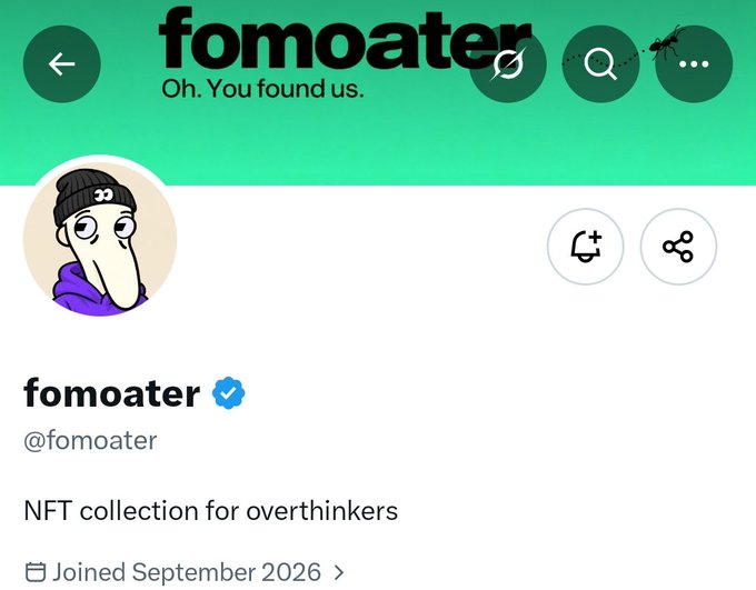 A profile page for the NFT collection 'fomoater' (@fomoater) with the tagline 'NFT collection for overthinkers' and an illustration of a stressed character wearing a beanie.