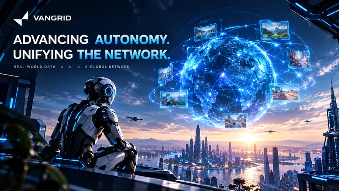 A futuristic robot overlooks a neon-lit smart city while a glowing holographic globe displays networked image captures, promoting VANGRID with the tagline "ADVANCING AUTONOMY. UNIFYING THE NETWORK." alongside "REAL-WORLD DATA × AI × A GLOBAL NETWORK," visually reinforcing how scattered data points connect into a powerful global intelligence layer.