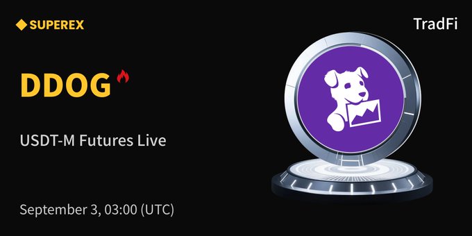 The image is a promotional graphic from SuperEx announcing the launch of DDOG USDT-M Futures Live on September 3, 03:00 (UTC), featuring the SuperEx logo and "TradFi" label alongside a 3D rendering of the DDOG token displaying a cartoon dog on a purple coin. The graphic visually supports the post by highlighting the new trading pair for Datadog ($DDOG), a cloud monitoring and observability platform, now available on the exchange.