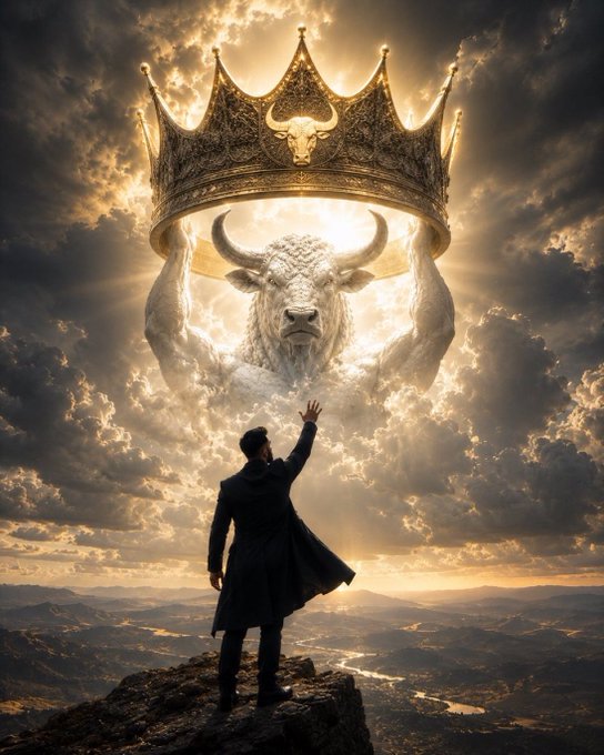 A silhouetted figure in a long coat stands on a mountain peak, reaching up toward a colossal, glowing white bull emerging from dramatic clouds beneath an ornate golden crown.

The image visually reinforces the post's message of a singular, supreme "White Bull"—depicted here as an almost divine, crowned deity-elevated above the landscape and being acknowledged by the lone figure—suggesting investors are ignoring the true, majestic market leader in favor of lesser opportunities.