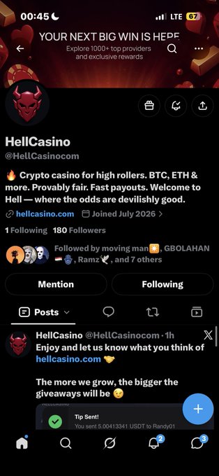 A mobile phone screenshot of the X (formerly Twitter) profile for 'HellCasino' (@HellCasinocom), a crypto casino account joined in July 2026, displaying a post about a giveaway.