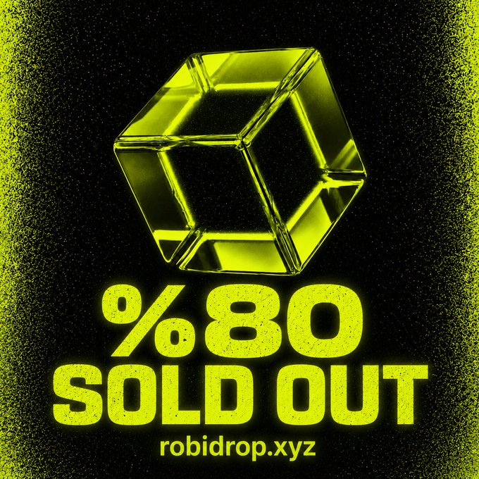 A neon yellow 3D cube sits above bold text reading "%80 SOLD OUT" and "rob idrop.xyz" against a grainy black background, visually reinforcing the post's urgency that the mint is 80% sold out and the contract address will be shared soon.