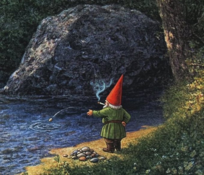 An illustration depicts a gnome wearing a tall red hat and green coat, smoking a pipe while skipping a stone across a pond beside a large boulder.