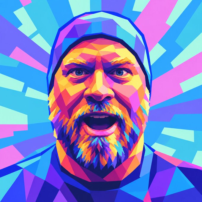 A vibrant WPAP (Wedha's Pop Art Portrait) style illustration of Gary Vaynerchuk wearing a hoodie, rendered in bold geometric shapes and neon colors of pink, blue, yellow, and purple that radiate outward like a starburst. The dynamic, high-contrast digital artwork matches the post's enthusiastic tone, showcasing a creative interpretation of Gary Vee's likeness to promote VeeFriends' "Iconic" avatar-making tool.