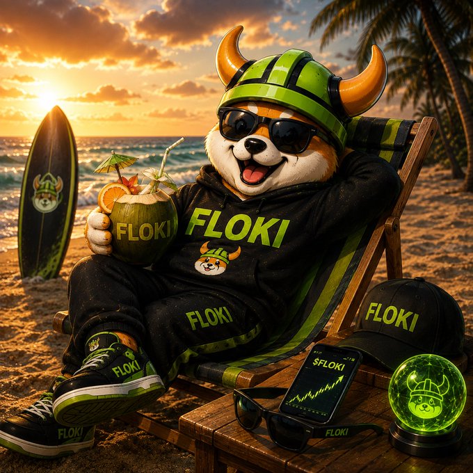 An AI-generated image of a Shiba Inu dog wearing a green Viking helmet and FLOKI branded clothing, relaxing on a beach chair with a surfboard and tropical drink.