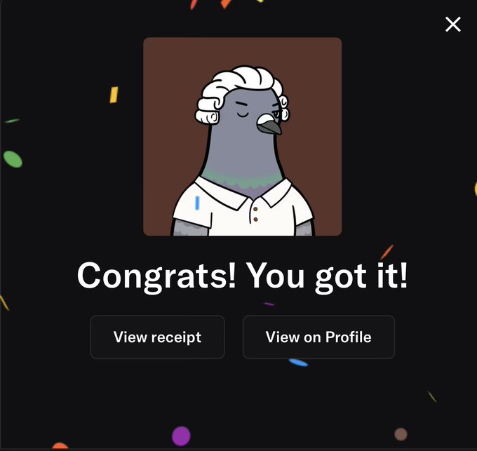 A mobile app screen displays a cartoon pigeon in a judge wig with the text 'Congrats! You got it!' along with buttons to 'View receipt' and 'View on Profile'.