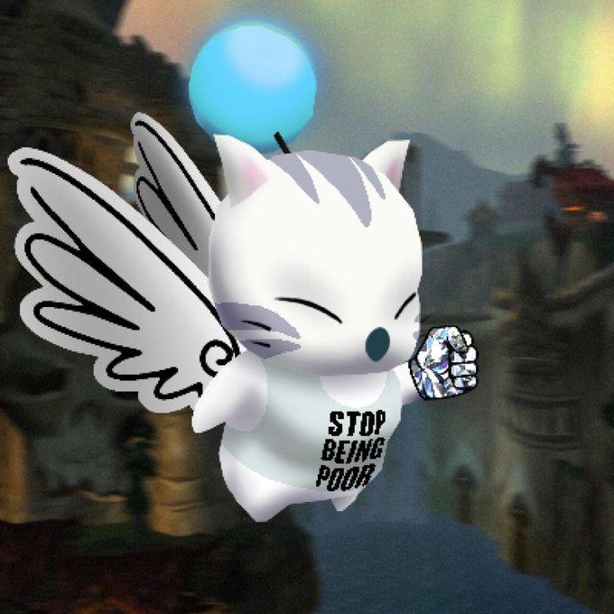 A white winged cat-like creature with a glowing blue orb on its head floats in a fantasy landscape, wearing a shirt that reads 'STOP BEING POOR.'