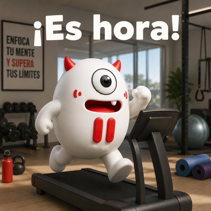 A cute white and red cartoon monster mascot runs enthusiastically on a treadmill in a home gym setting, with a motivational poster reading "ENFOCA TU MENTE Y SUPERA TUS LÍMITES" on the wall and bold text declaring "¡Es hora!" overhead—perfectly capturing the post's message about starting the new month focused on goals, as shared by the TRON mascot Tron Boniu.