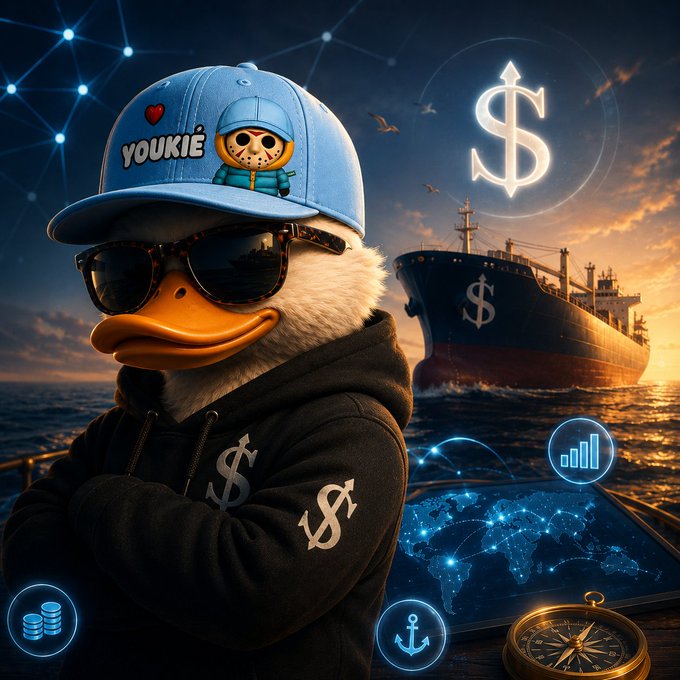 A digitally rendered duck wearing a blue cap that reads 'YOUKIE', sunglasses, and a black hoodie with dollar signs stands in front of a cargo ship also marked with a dollar sign, with financial icons floating around.