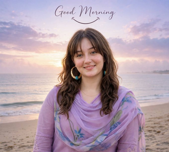 A young woman with long brown hair and gold hoop earrings stands on a beach at sunrise, wearing a lavender floral-print top and scarf, smiling warmly at the camera beneath the cursive text "Good Morning."

The "Good Morning" greeting ties in with the post's "GM CT" opener, while the open, expansive beach backdrop metaphorically mirrors the post's theme of freedom and unhindered access in crypto transactions.