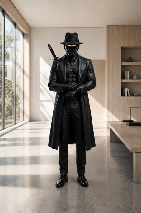 A figure wearing a long black leather trench coat, black hat, and a futuristic face mask stands in a modern, sunlit room with a sword strapped to their back.